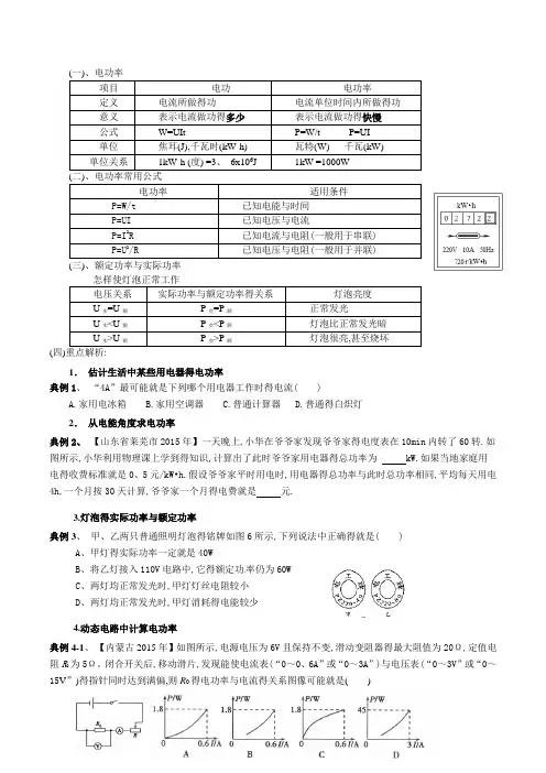 初中物理电功率计算专题复习