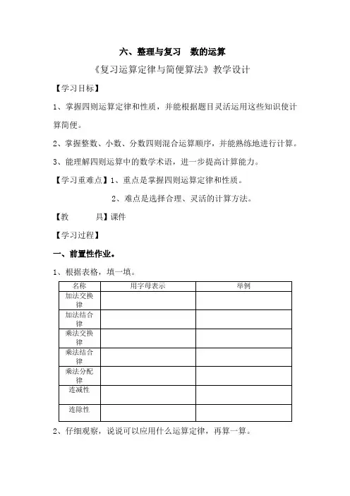 数学人教版六年级下册整理与复习 数的运算 《复习运算定律与简便算法》教学设计