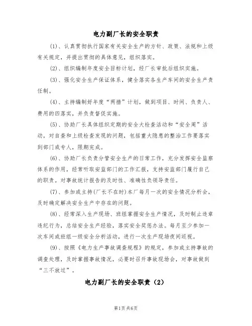 电力副厂长的安全职责（5篇）