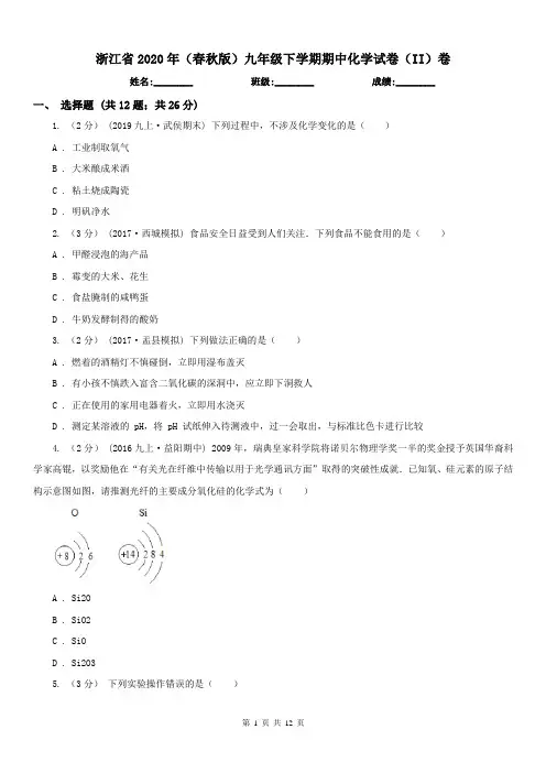 浙江省2020年(春秋版)九年级下学期期中化学试卷(II)卷