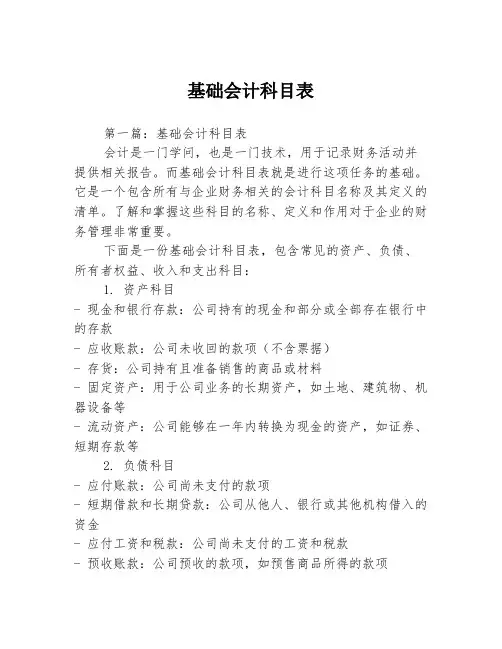 基础会计科目表3篇