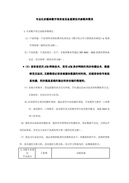 专业化多媒体数字语音室设备主要技术参数与需求