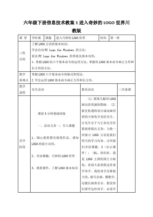 六年级下册信息技术教案1进入奇妙的LOGO世界川教版