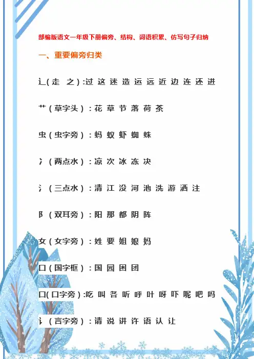 部编版语文一年级下册偏旁、结构、词语积累、仿写句子归纳