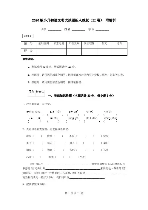 2020版小升初语文考试试题新人教版(II卷) 附解析