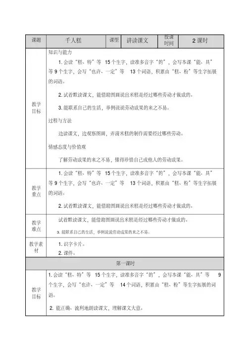 部编版二年级语文下册教案附教学反思、作业设计及答案：6千人糕