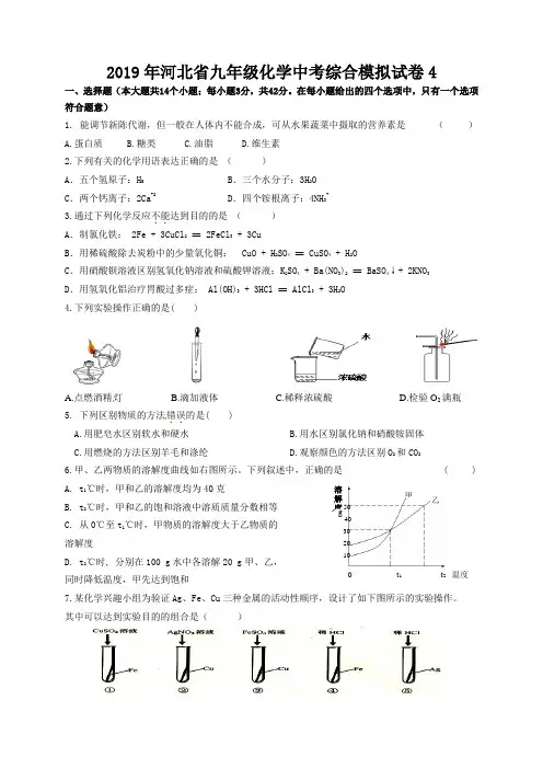 2019年河北省九年级化学中考综合模拟试卷4(Word版 含答案)