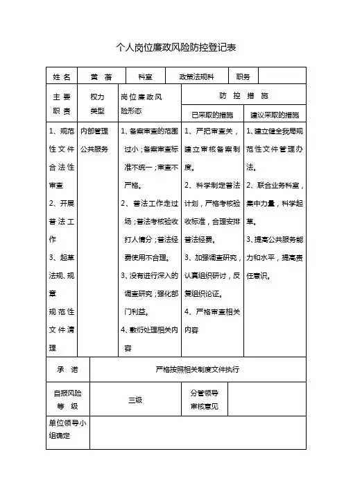 个人岗位廉政风险防控登记表