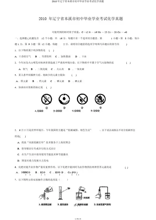 2010年辽宁省本溪市初中毕业学业考试化学真题