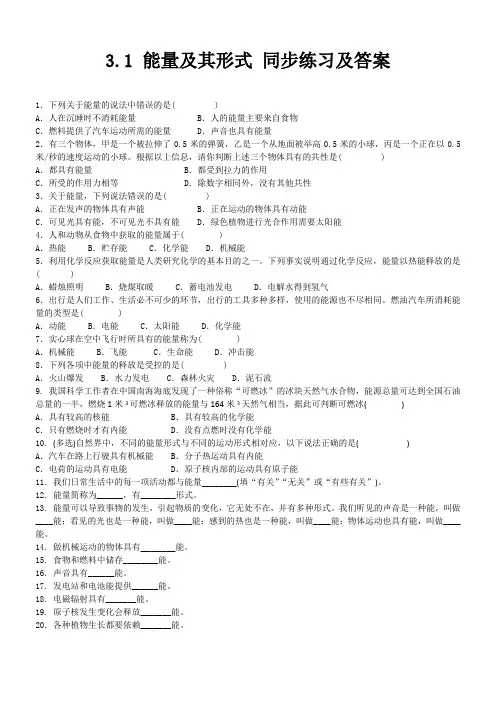 3.1 能量及其形式 同步练习及答案