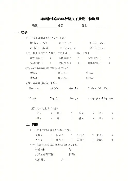 湘教版六年级下册语文期中试卷测试题