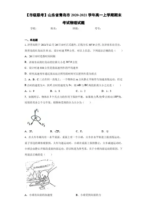 【市级联考】山东省青岛市2020-2021学年高一上学期期末考试物理试题