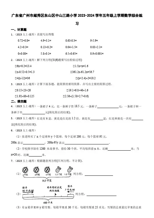 广东省广州市越秀区东山区中山三路小学2023-2024学年五年级上学期数学综合练习(学生版)
