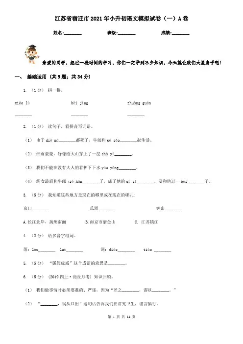 江苏省宿迁市2021年小升初语文模拟试卷(一)A卷