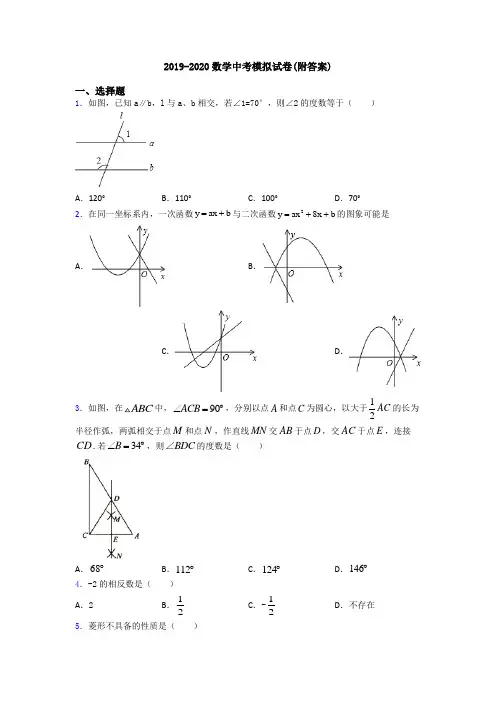 2019-2020数学中考模拟试卷(附答案)