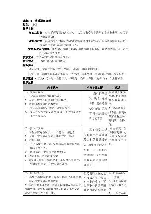 五年级上册美术教案第1课 感受漫画造型｜沪教版