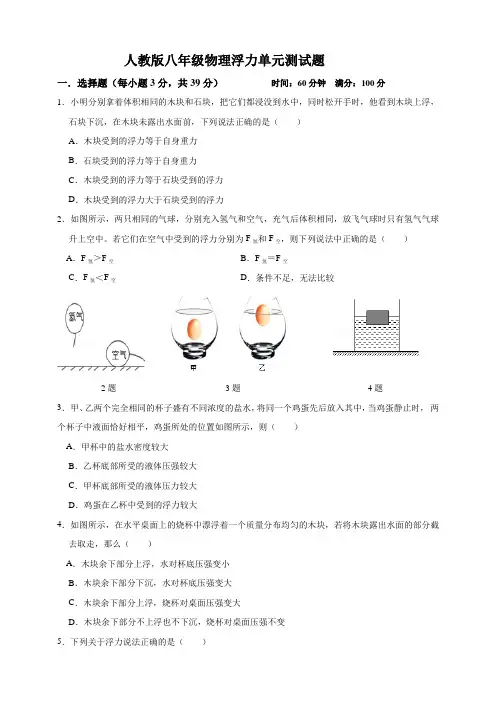 人教版八年级物理 第十章 浮力单元测试题(解析版)