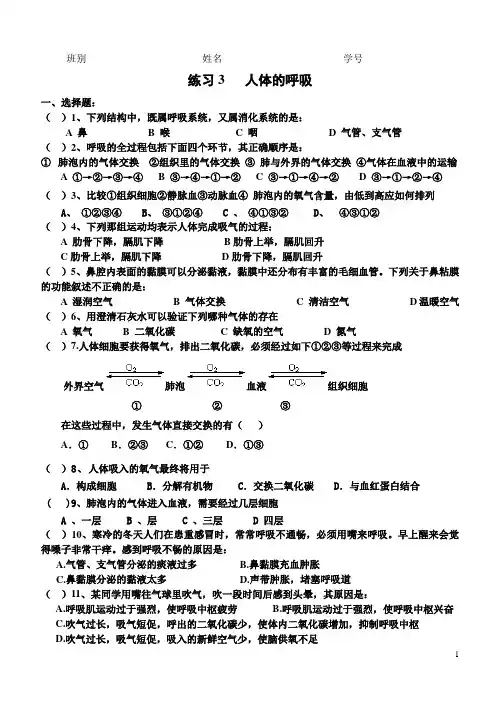 第三章练习 人体的呼吸
