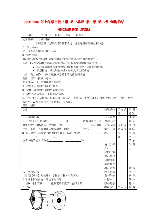 2019-2020年七年级生物上册 第一单元 第二章 第二节 细胞的结构和功能教案 济南版