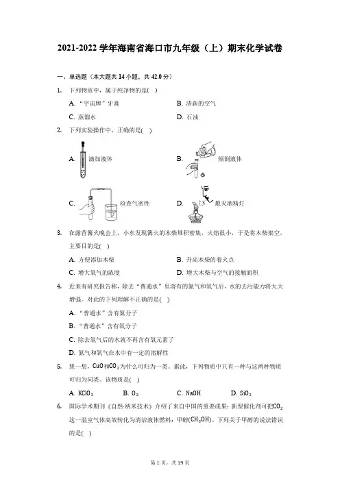 2021-2022学年海南省海口市九年级(上)期末化学试卷(附详解)