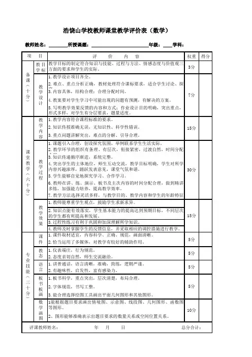 数学课堂教学评价表表