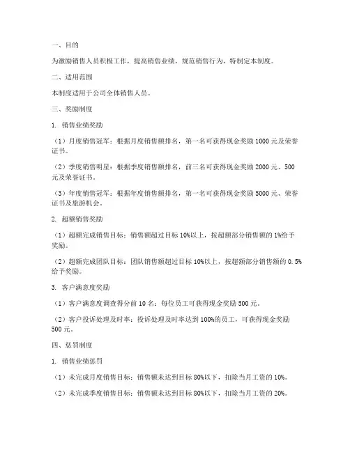 职业化销售奖罚制度范本