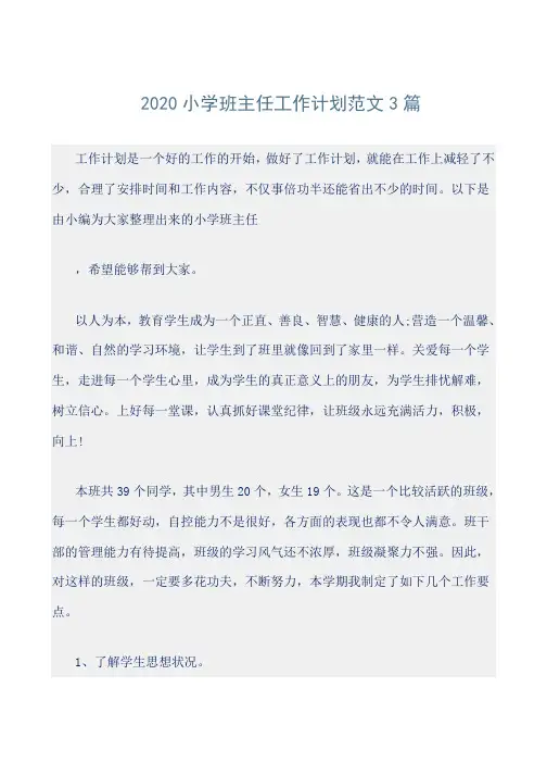 [精选]2020小学班主任工作计划范文3篇
