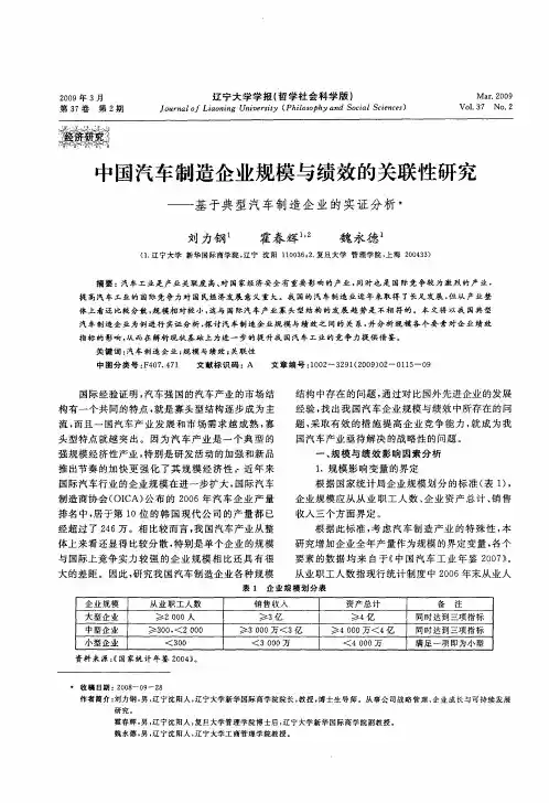 中国汽车制造企业规模与绩效的关联性研究——基于典型汽车制造企业的实证分析