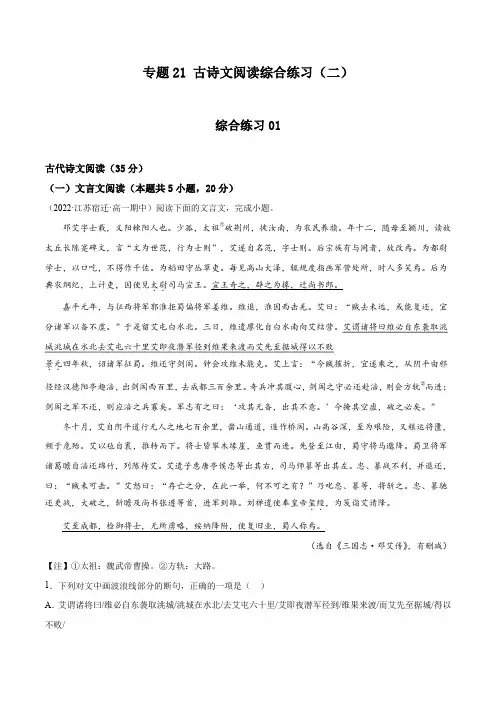 专题21古诗文阅读综合练习(二)-2022年初升高语文无忧衔接