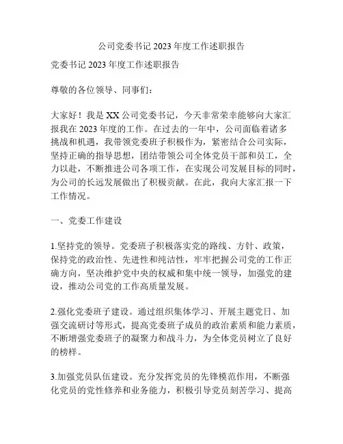 公司党委书记2023年度工作述职报告
