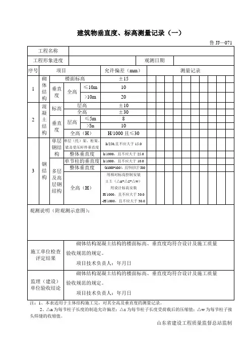 建筑物垂直度标高测量记录(一)
