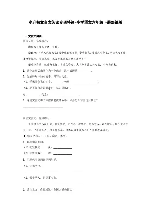 小升初文言文阅读专项特训-2022-2023学年语文六年级下册(部编版)(有答案)