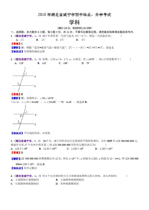 2018湖北咸宁中考数学解析