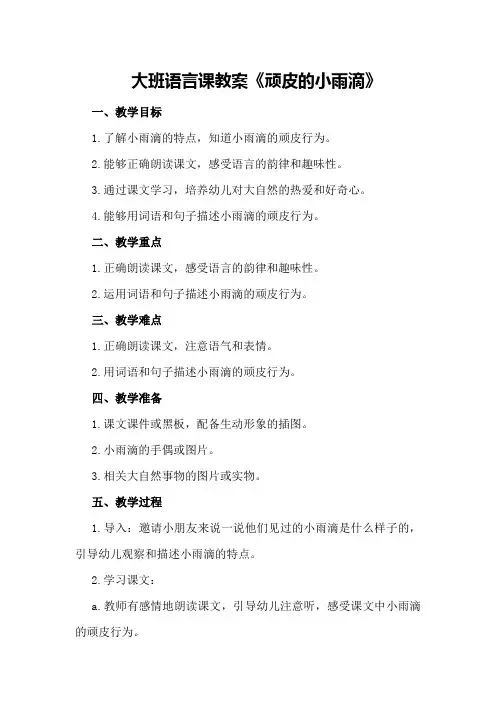 大班语言课教案《顽皮的小雨滴》