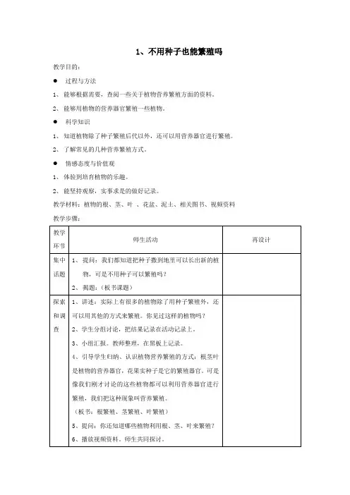五年级下册科学教案 1、不用种子也能繁殖吗 苏教版