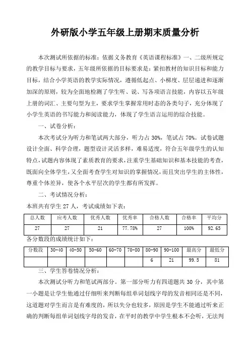 完整word版,外研版小学五年级上册期末试卷分析