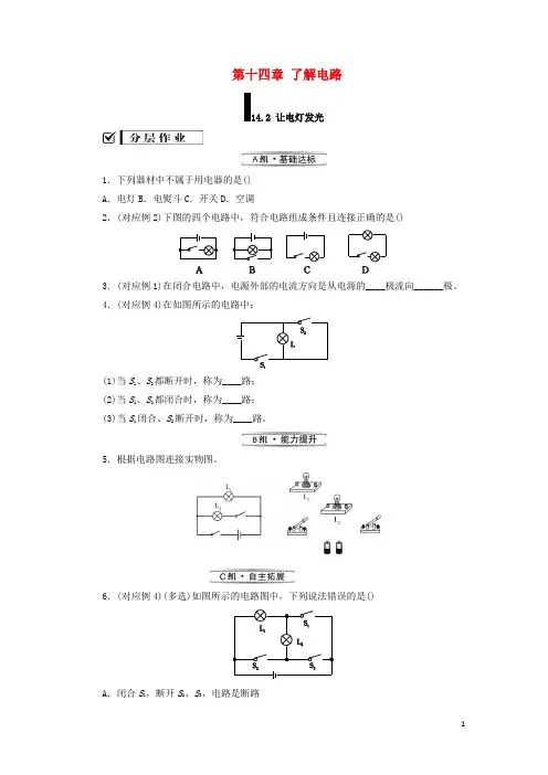 九年级物理全册第十四章了解电路 让电灯发光分层作业(新版)沪科版