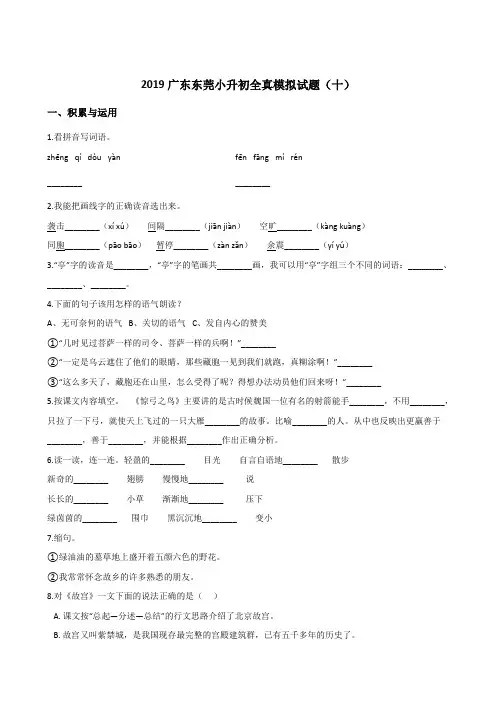 六年级下册语文试题--2019广东东莞小升初全真模拟试题(十) 人教新课标 含答案