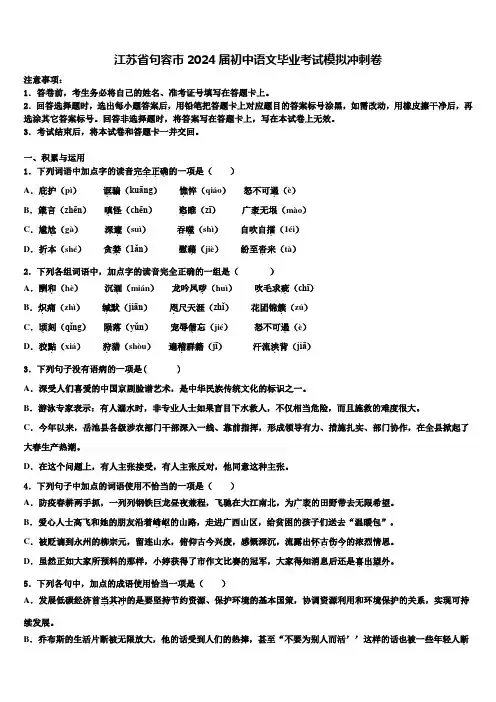 江苏省句容市2024届初中语文毕业考试模拟冲刺卷含解析