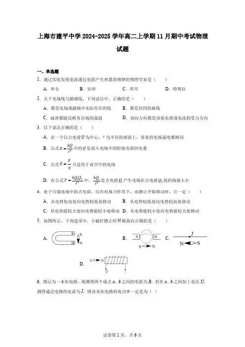 上海市建平中学2024-2025学年高二上学期11月期中考试物理试题