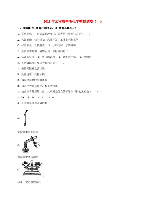 云南省2016届中考化学试模拟试题(一)(含解析)