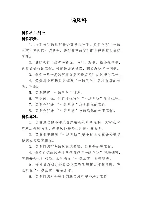 通风科岗位职责标准
