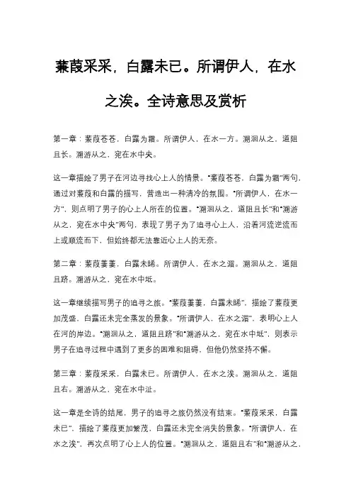 蒹葭采采,白露未已。所谓伊人,在水之涘。全诗意思及赏析