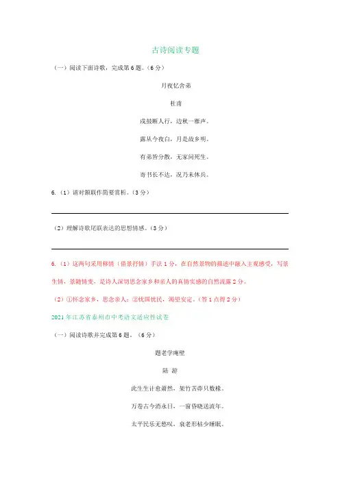 2021年江苏省泰州市中考语文模拟试卷分类汇编：古诗阅读专题