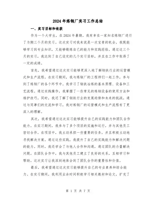 2024年炼钢厂实习工作总结（2篇）