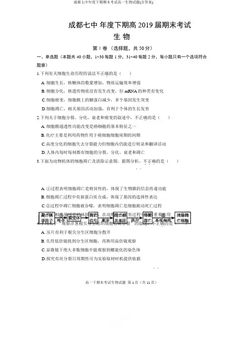 成都七中2019年度下期期末考试高一生物试题(含答案)