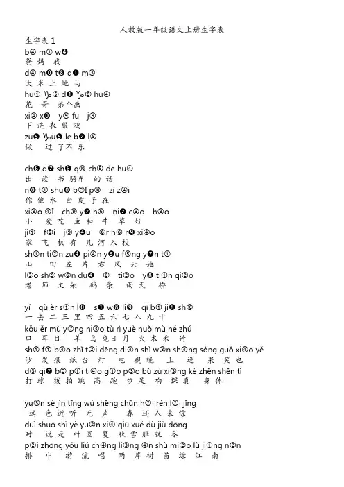 人教版一年级语文上册生字表-带拼音
