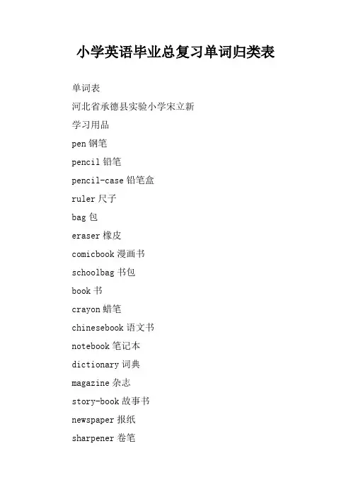 小学英语毕业总复习单词归类表