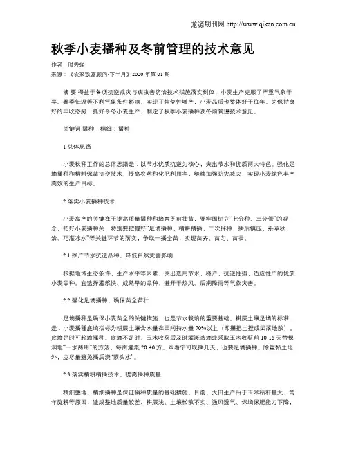 秋季小麦播种及冬前管理的技术意见