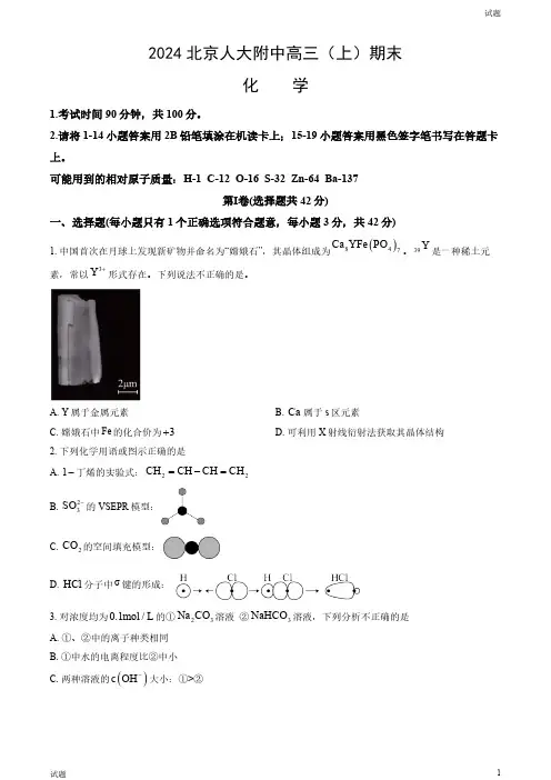 2024北京人大附中高三(上)期末化学试题和答案